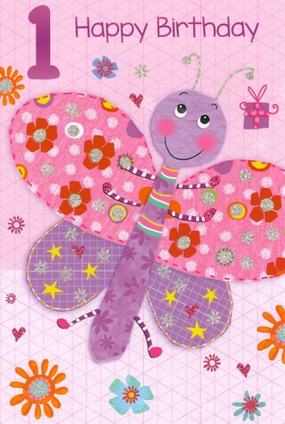 Pink Butterfly 1st Birthday Card