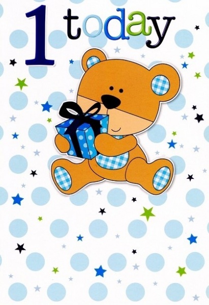 Blue Teddy Bear 1st Birthday Card
