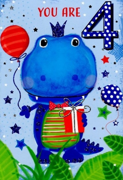 Blue Dinosaur 4th Birthday Card