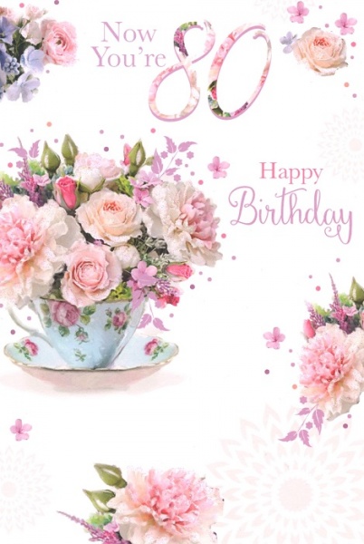 Floral Tea Cup 80th Birthday Card