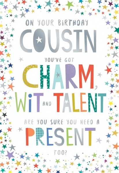 Charm, Wit & Talent Cousin Birthday Card