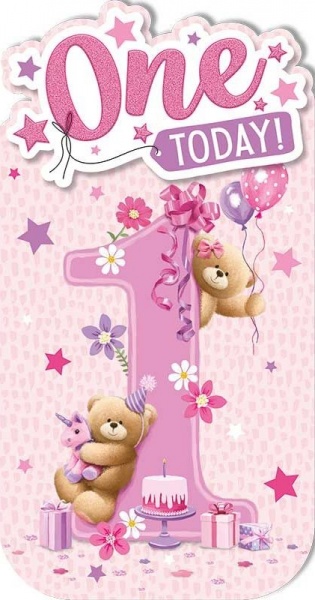 Pink Party Bears 1st Birthday Card