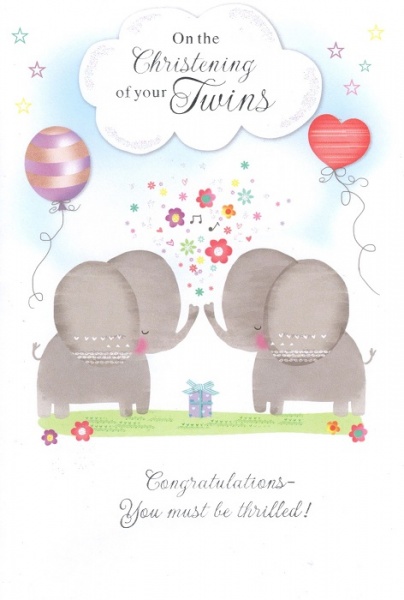 Elephants Twins Christening Card