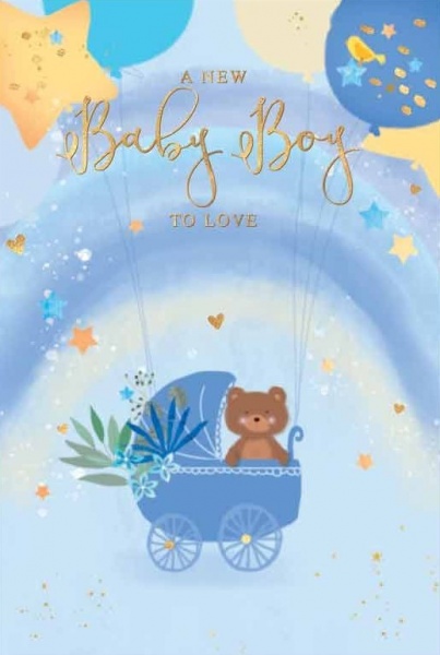 Blue Pram New Baby Boy Card
