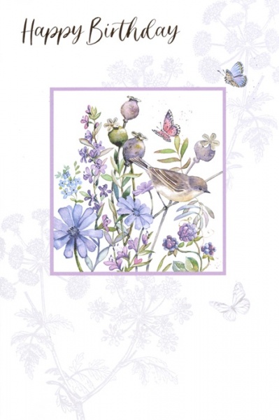 Purple Flowers & Bird Birthday Card
