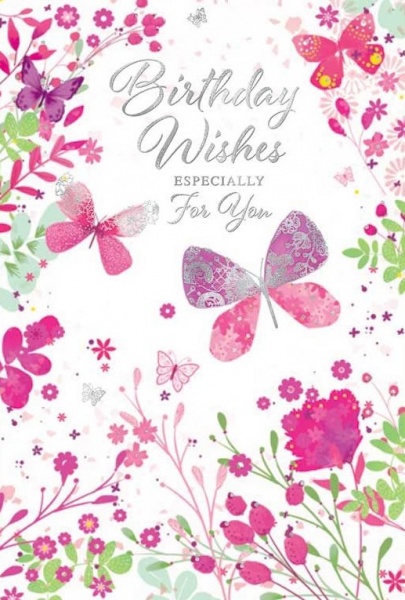 Pink Butterflies & Flowers Birthday Card