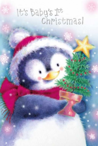 Festive Penguin Baby's 1st Christmas Card
