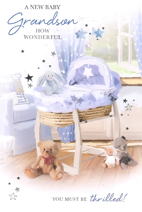 Blue Cot New Baby Grandson Card