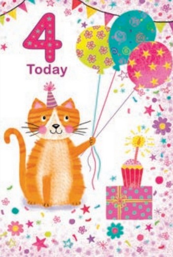 Party Cat Girl 4th Birthday Card