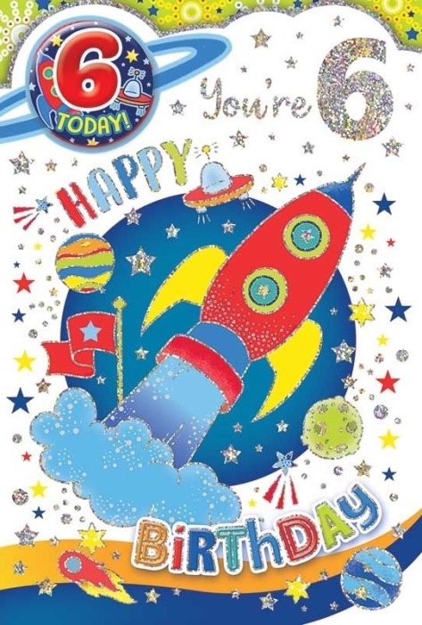 Space Rocket Boy 6th Birthday Card & Badge