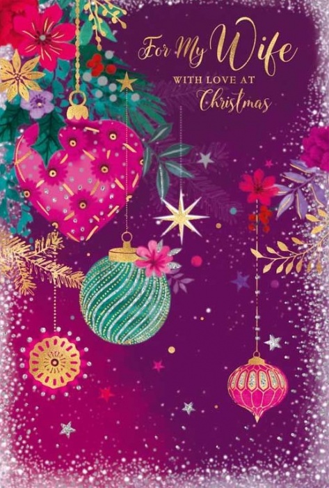 Purple Baubles Wife Christmas Card